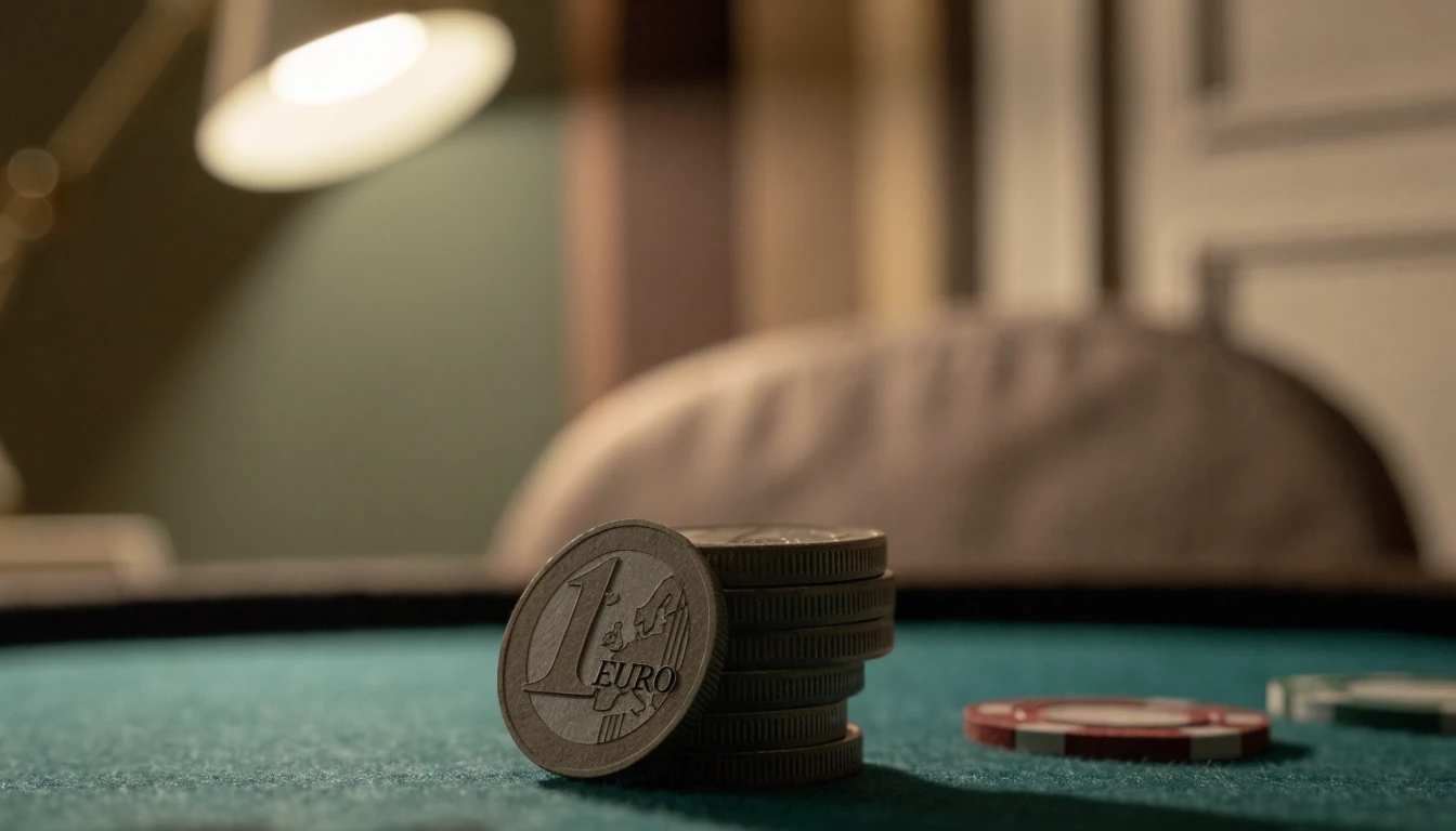 Fünf Euro-Münzen auf grünem Spieltuch mit Casino-Chips