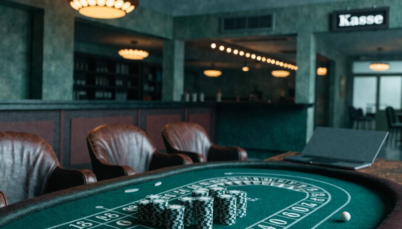 Roulette-Tisch mit Chips und geschlossenem Laptop in deutschem Casino-Lounge