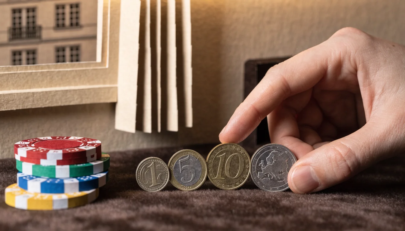 Euro-Münzen und Casino-Chips auf Samtunterlage, Nahaufnahme mit warmem Licht