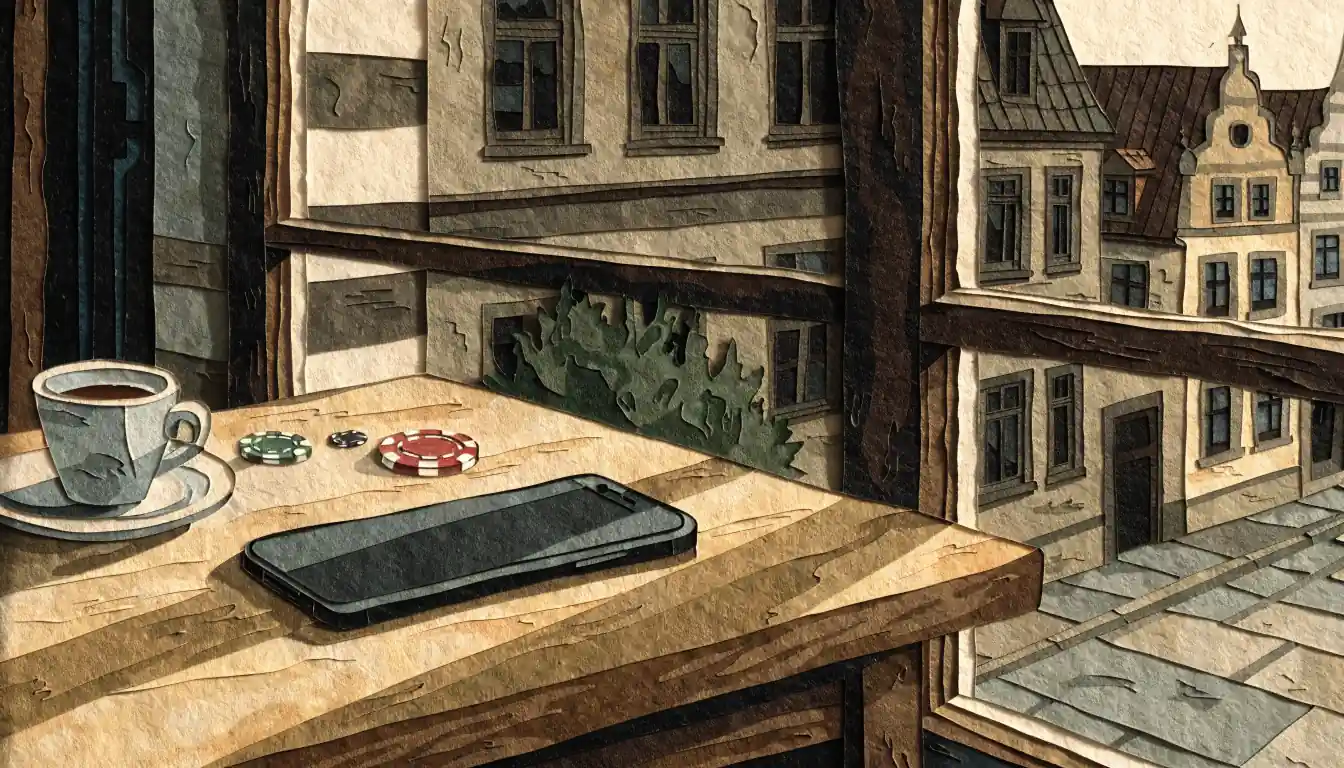 Smartphone auf einem Cafétisch mit Spielchips und Espresso