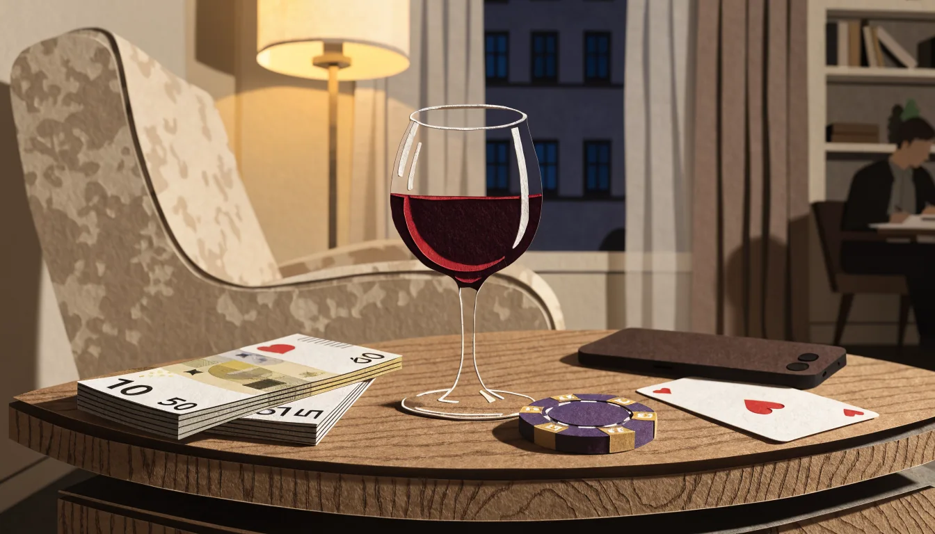 Abendliche Szene in modernem Wohnzimmer mit Euro-Geldscheinen und Chip